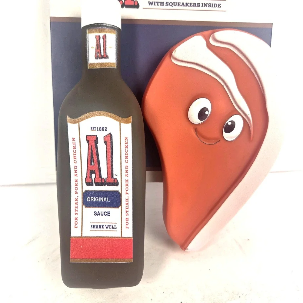 A.1. Steak Sauce Bottle Steak 2 Pack Squeaky Dog Toys Pet Chew Toys New